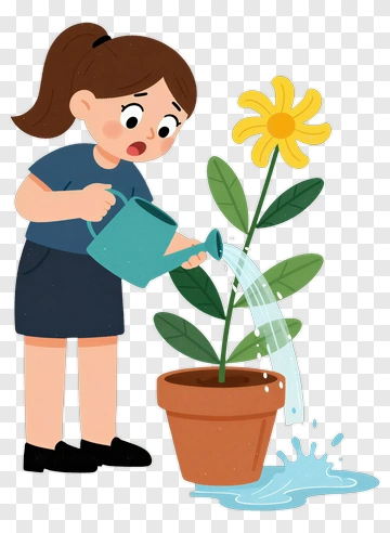Cartoon Girl Watering A Flower Plant PNG