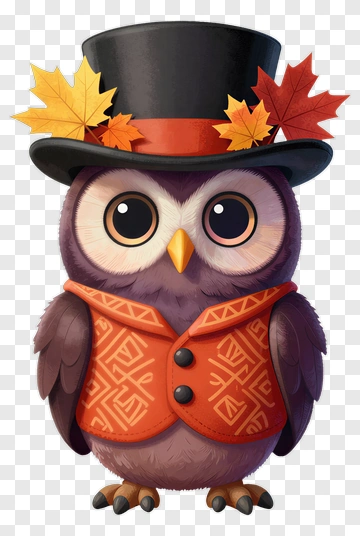 Cartoon Owl Wearing A Top Hat With Autumn Leaves PNG