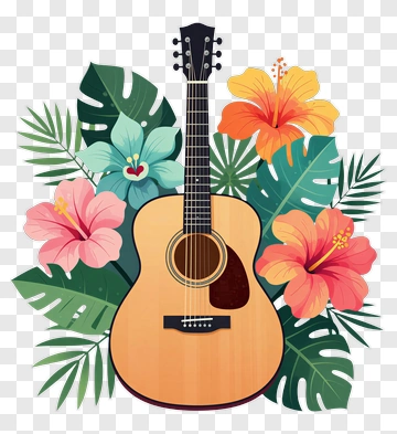 Acoustic Guitar Surrounded By Tropical Flowers PNG