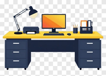 Modern Office Desk With Computer And Accessories PNG