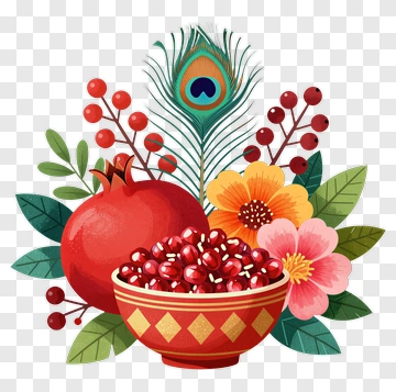Colorful Bowl Of Pomegranates And Flowers PNG