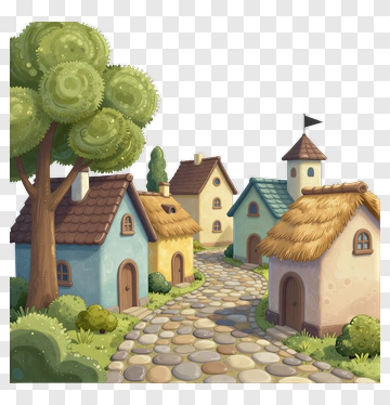Cartoon Village With Colorful Houses And Trees PNG