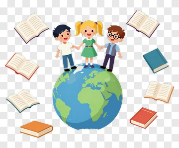Children Standing On A Globe Surrounded By Books PNG