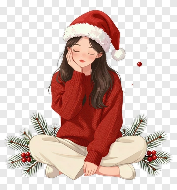 Woman In Red Sweater And Christmas Hat PNG