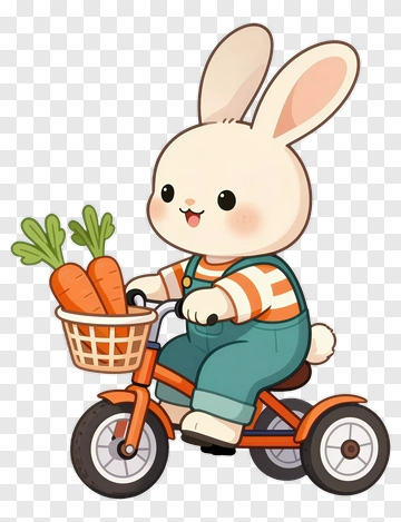 Cartoon Rabbit Riding A Tricycle With Carrots PNG