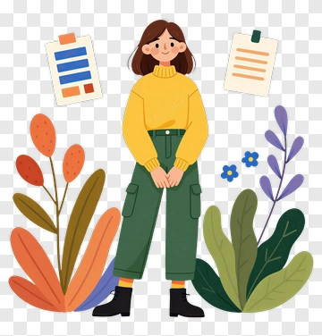 Cartoon Woman Standing Among Colorful Plants PNG