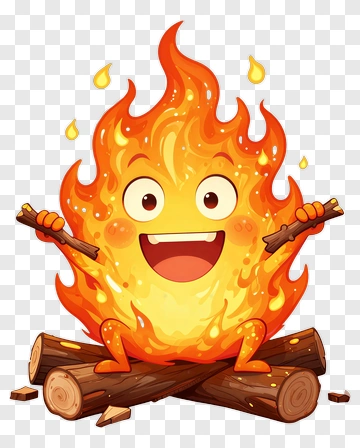 Cartoon Fire Character Sitting On Logs PNG