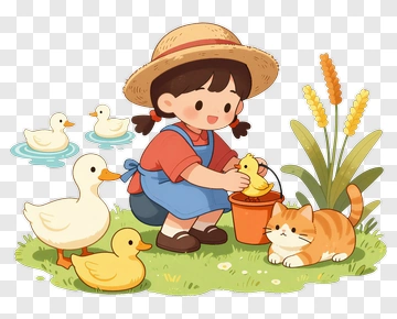 Girl With Ducklings And Cat In A Garden PNG