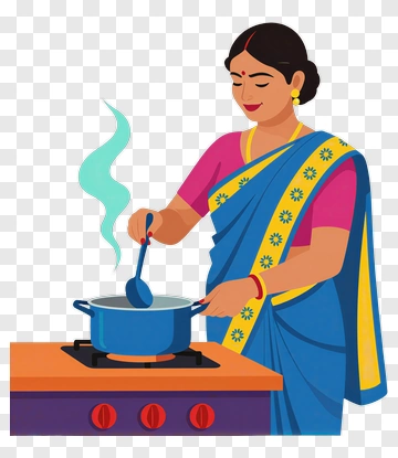 Woman Cooking In A Blue Saree PNG