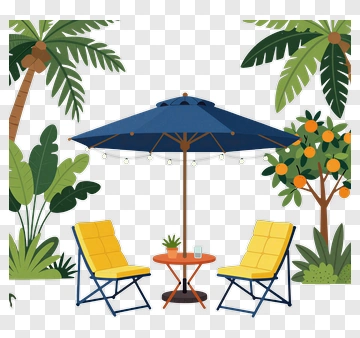Tropical Outdoor Seating Area With Umbrella PNG