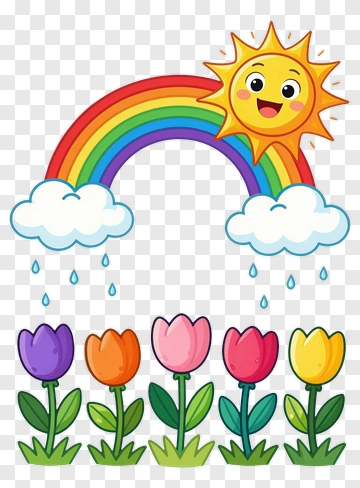 Cartoon Sun And Rainbow With Colorful Flowers PNG
