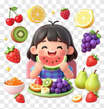 Cartoon Girl Eating Watermelon With Fruits PNG