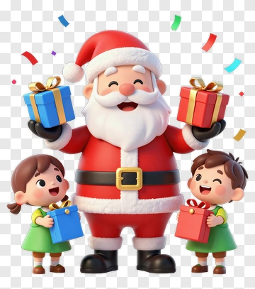 Cartoon Santa Claus Holding Gifts With Children PNG