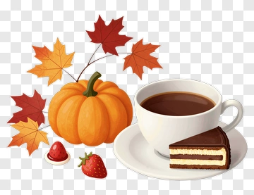 Pumpkin With Coffee And Cake Surrounded By Autumn Leaves PNG