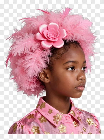 Girl With Pink Feathered Hair And Flower Accessory PNG