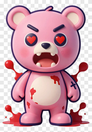 Cartoon Pink Bear With Heart Eyes And Blood Splatter PNG