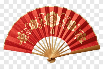 Red Decorative Fan With Floral Design PNG