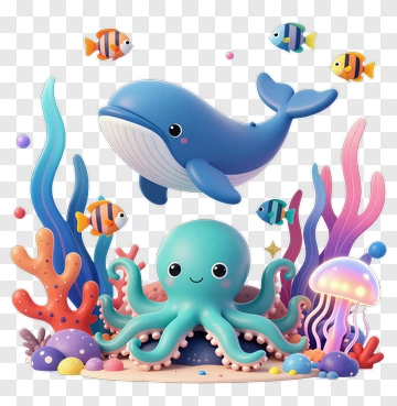 Cartoon Octopus And Whale In A Colorful Underwater Scene PNG