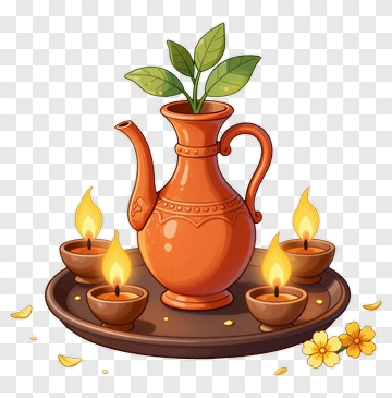 Teapot With Leaves And Diwali Lamps PNG