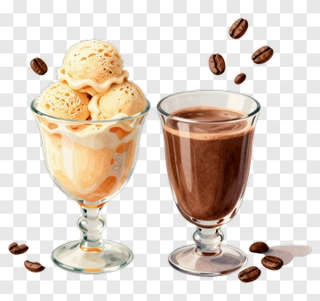 Ice Cream Sundae And Chocolate Drink With Coffee Beans PNG