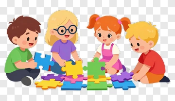 Cartoon Children Playing With Colorful Puzzle Pieces PNG