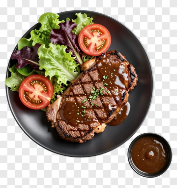 Grilled Steak With Salad And Sauce PNG