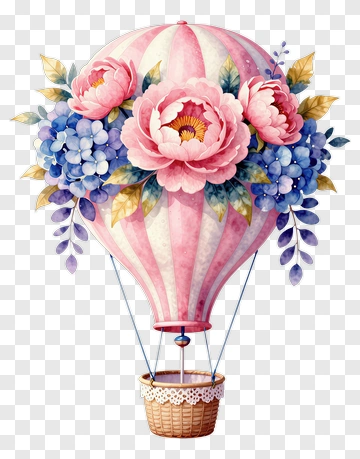 Colorful Hot Air Balloon With Floral Decorations PNG