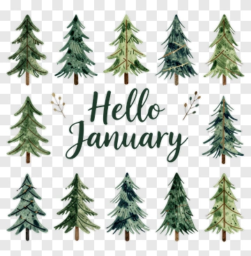 Watercolor Trees With Hello January Text PNG