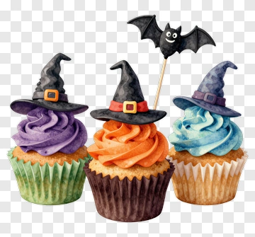 Halloween Cupcakes With Witch Hats And Bat Decoration PNG