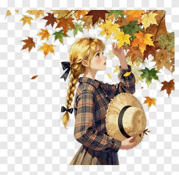 Girl Holding A Straw Hat Under Autumn Leaves PNG