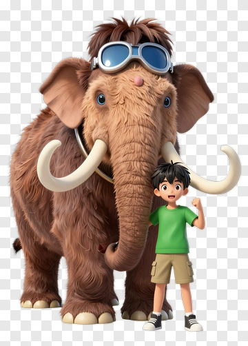 Cartoon Boy Standing Next To A Mammoth PNG