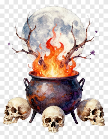 Cauldron With Flames And Skulls Under A Full Moon PNG