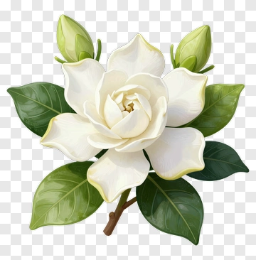 White Gardenia Flower With Green Leaves PNG