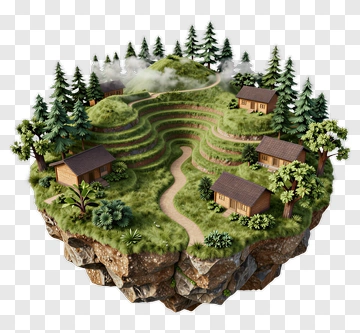 3D Island Landscape With Houses And Trees PNG