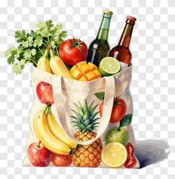 Felt Grocery Bag Filled With Fruits And Beverages PNG