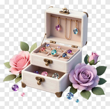 Jewelry Box With Colorful Gems And Roses PNG