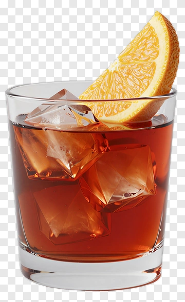 Glass Of Whiskey With Ice And Orange Slice PNG