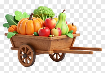 Cartoon Wheelbarrow Filled With Vegetables And Fruits PNG