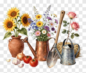 Flower Bouquet With Gardening Tools And Vegetables PNG