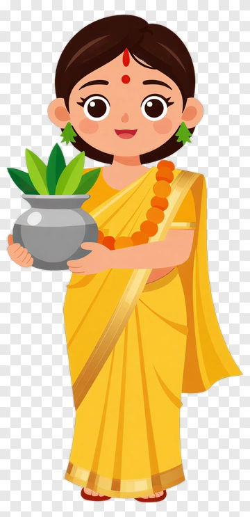 Girl In Yellow Saree Holding A Pot With Plants PNG
