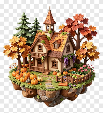 Autumn Cottage Surrounded By Pumpkins And Trees PNG