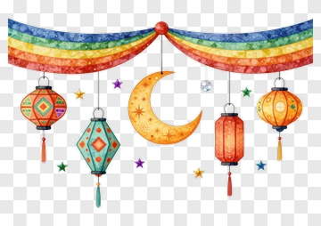 Colorful Lanterns And Moon Decoration PNG