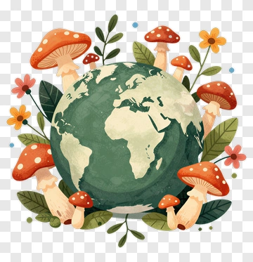 Colorful Earth Surrounded By Mushrooms And Flowers PNG
