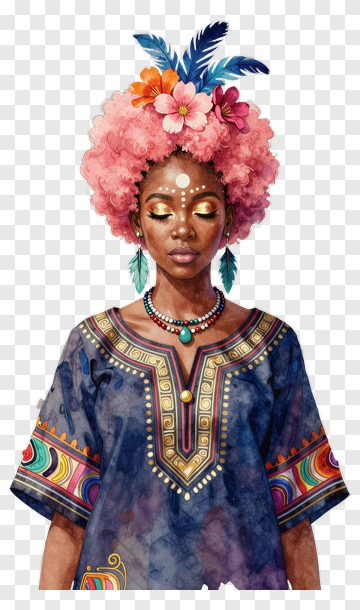 Woman With Pink Afro And Colorful Traditional Attire PNG