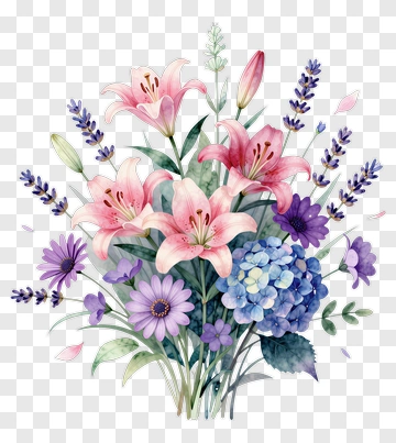 Colorful Floral Bouquet With Lilies And Lavender PNG