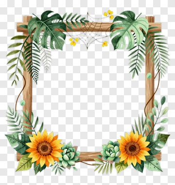 Wooden Frame With Sunflowers And Greenery PNG