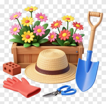 Gardening Tools And Flower Planter PNG