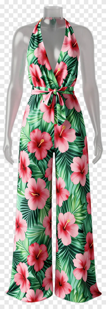 Floral Jumpsuit With Hibiscus Pattern PNG