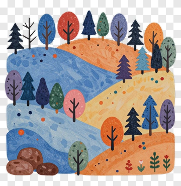 Colorful Landscape With Trees And Rocks PNG