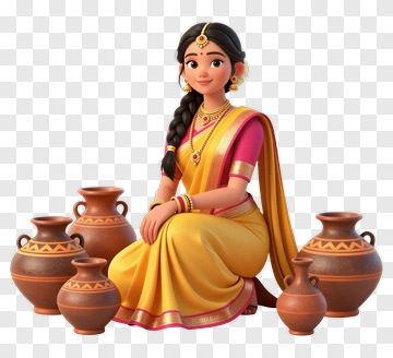 Cartoon Woman Sitting Among Clay Pots PNG